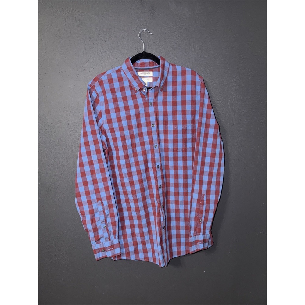 Goodthreads Mens Button Down Plaid Blue Red Poplin Cotton Long Sleeve MT Lumber‎